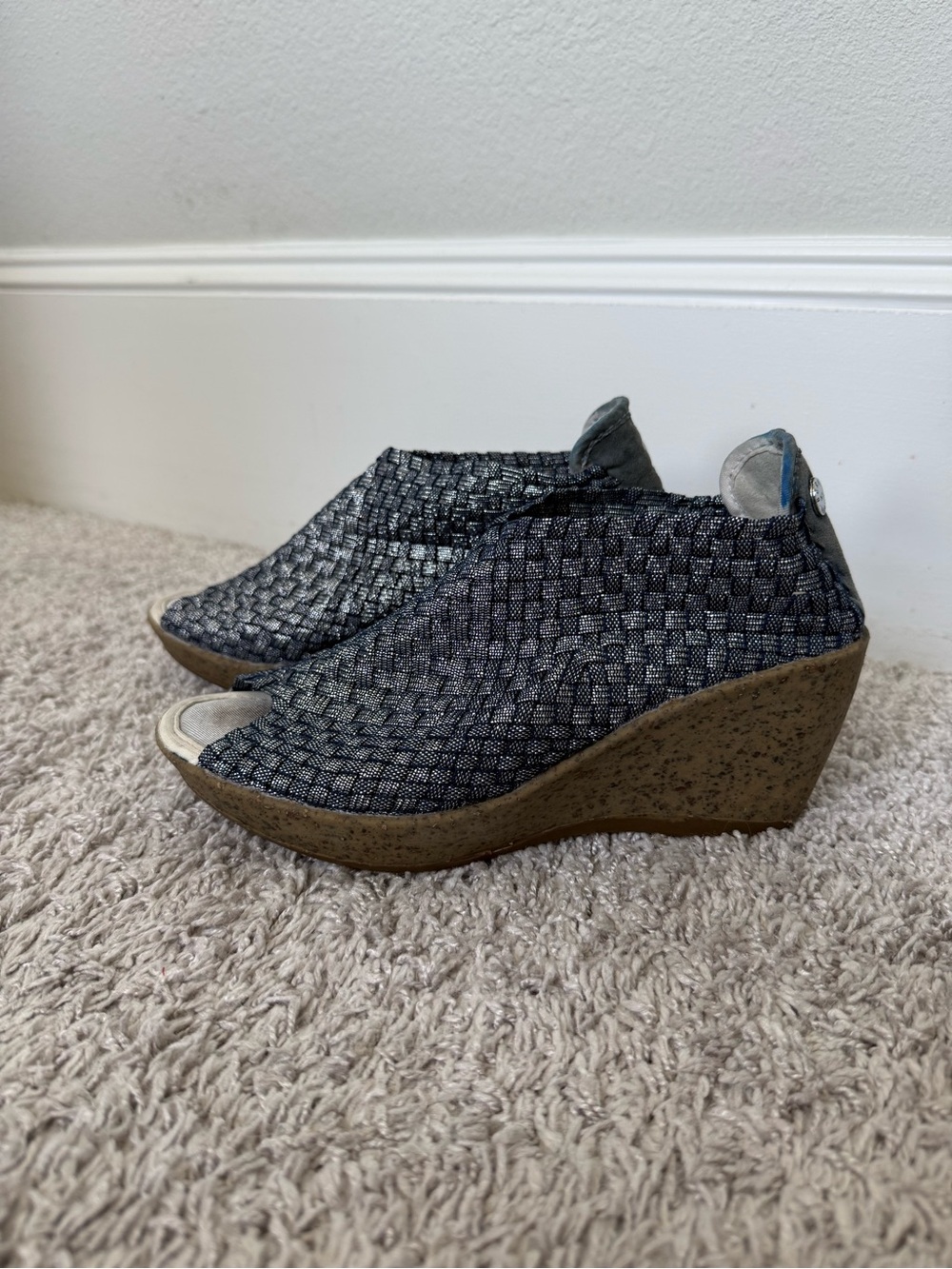 bernie mev. Blue Sparkle Woven Open-Toe Wedge Sandals